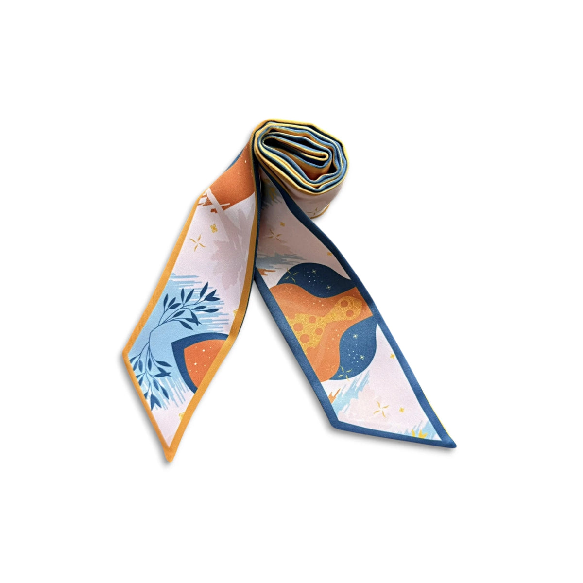 Modern art-inspired twilly scarf combining bold orange shapes, deep navy blue accents, soft pastel botanical prints, and personalized pointed tips.