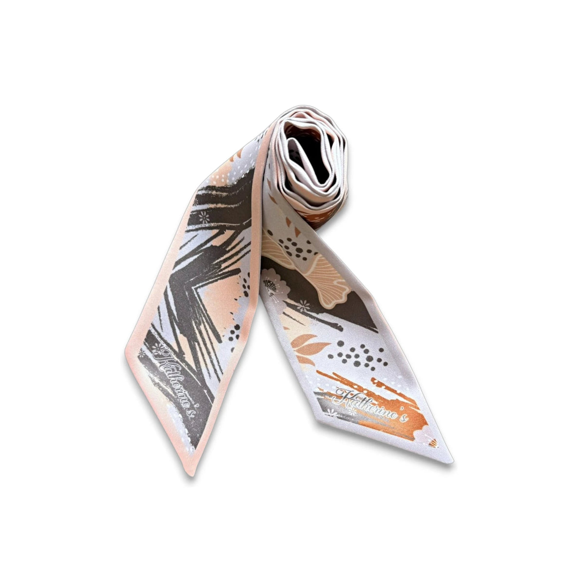 Personalised floral twilly scarf decorated with elegant ginkgo leaf outlines, delicate flowers, abstract geometric brushstrokes, and warm neutral colours.