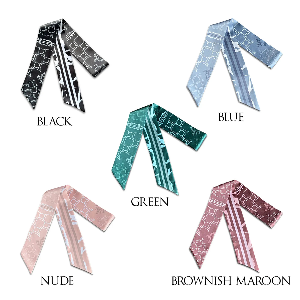Collection of five monochrome geometric twilly scarves displayed flat on a white background, featuring black, blue, green, nude, and brownish maroon color options with elegant abstract patterns and contrasting stripes.