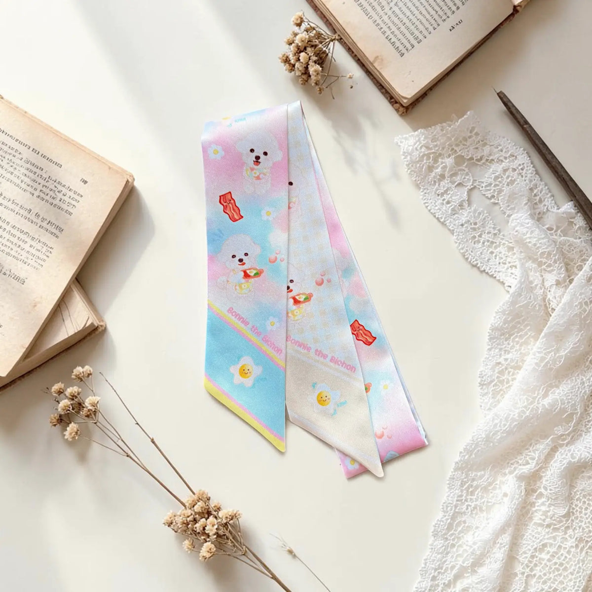 Personalized Bichon dog twilly scarf with soft pastel blue and pink breakfast-themed pattern