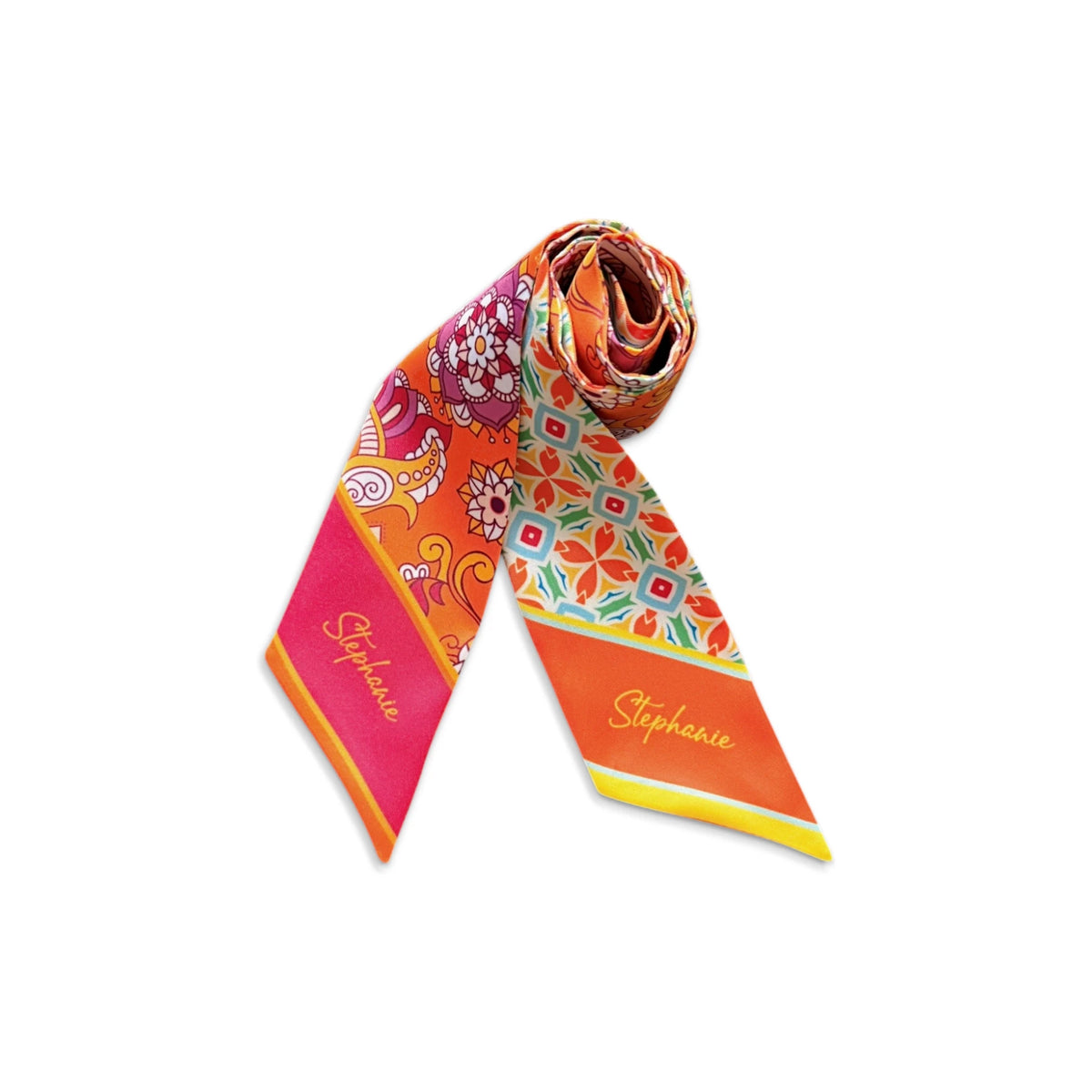 Retro-inspired floral skinny scarf featuring colorful mandala flowers, playful paisley patterns, and geometric motifs, suitable for styling as a hair scarf, neckerchief, or handbag accessory.
