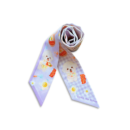 Rolled lavender Bichon twilly scarf featuring cute breakfast illustrations and gingham details