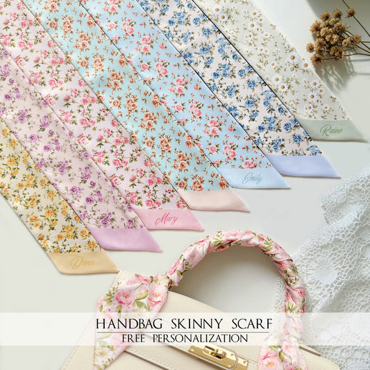 Vintage floral skinny scarves with delicate rose and daisy patterns in pastel colors.