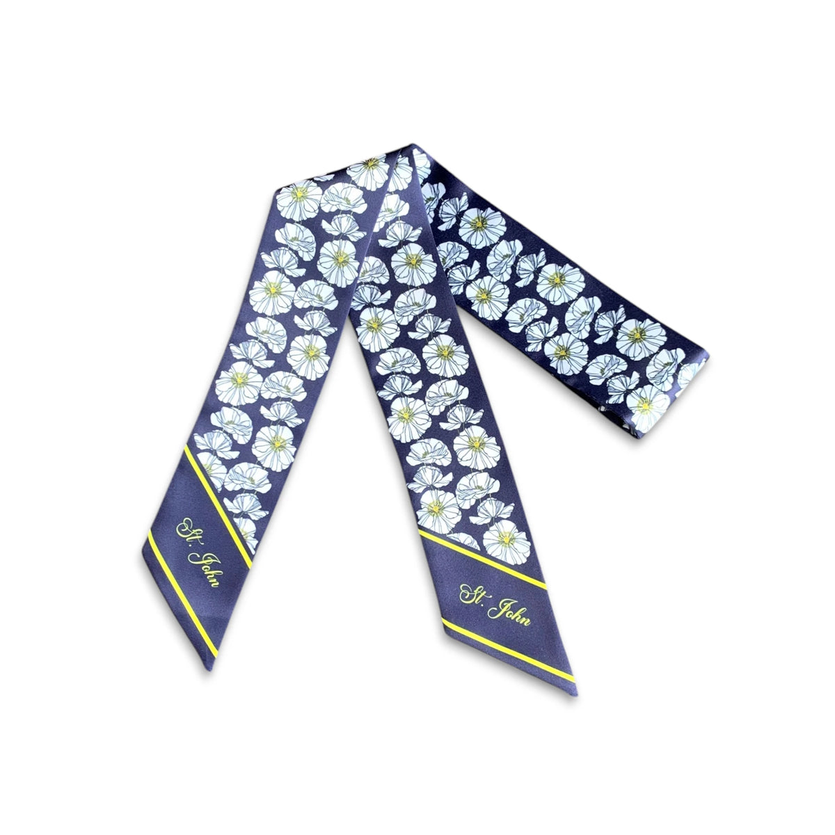 Elegant handmade handbag scarf with white daisy-inspired flowers on a deep navy background and personalized script lettering.