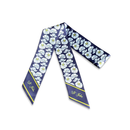 Elegant handmade handbag scarf with white daisy-inspired flowers on a deep navy background and personalized script lettering.