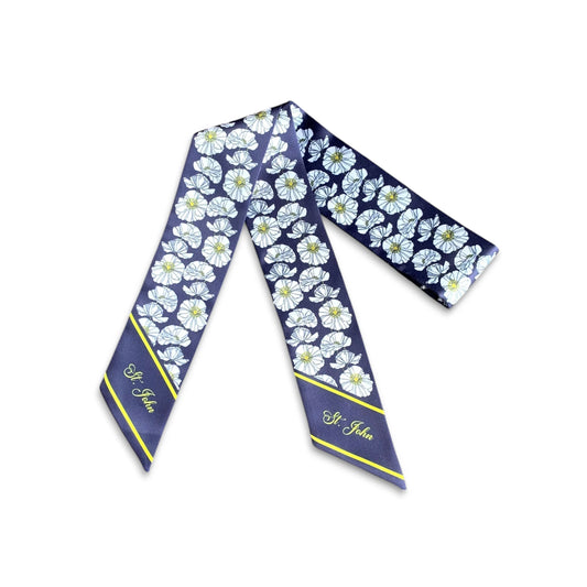 Elegant handmade handbag scarf with white daisy-inspired flowers on a deep navy background and personalized script lettering.