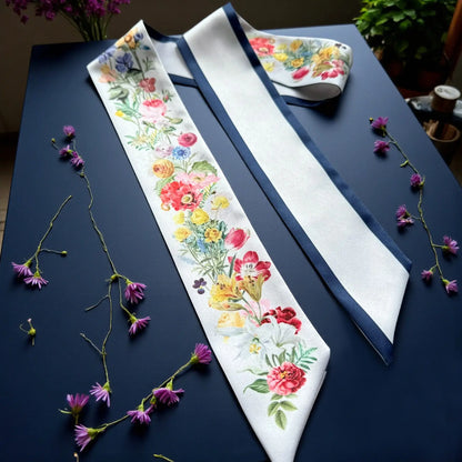 Elegant white skinny scarf with vibrant botanical flowers, a classic navy border, and personalised lettering, styled with delicate flowers.