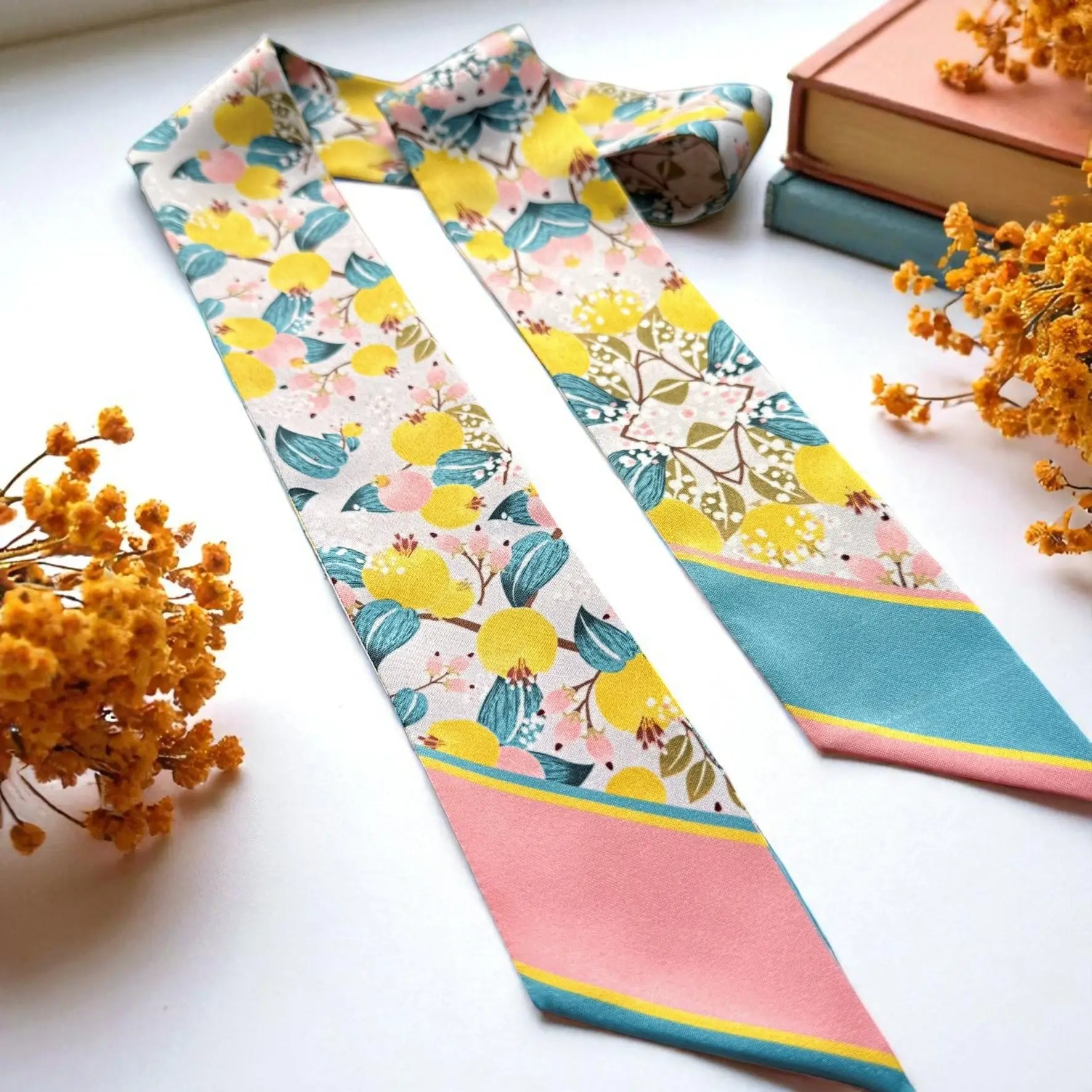Colorful floral skinny scarf with personalized name in pastel design