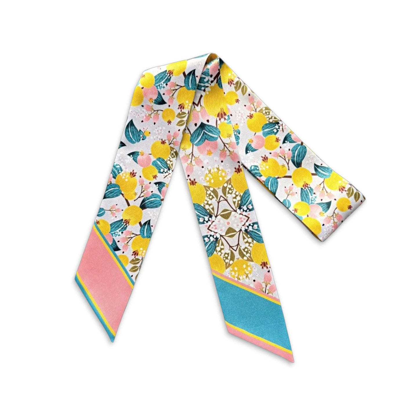 Elegant personalized twilly scarf with playful floral fruit pattern in soft pastel colours