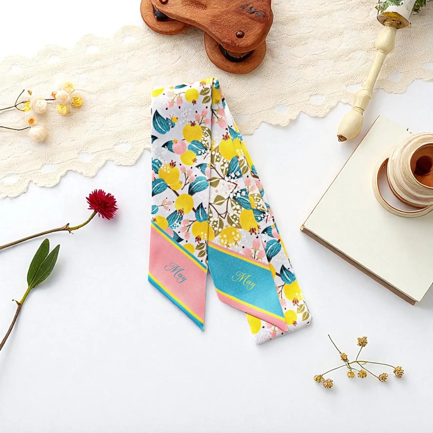Custom name twilly scarf with vibrant floral fruit print in pastel pink, yellow and blue – skinny silk hair scarf