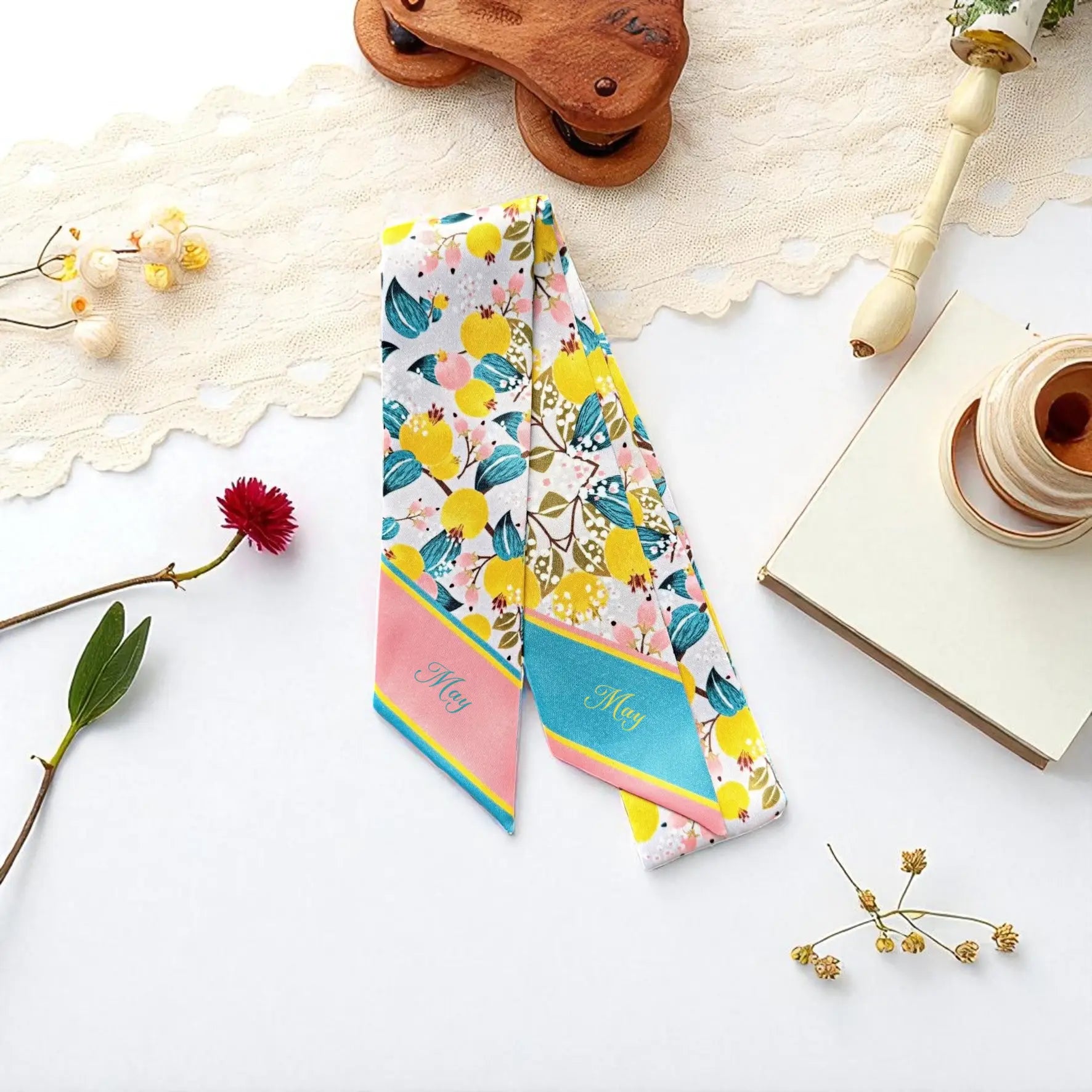 Custom name twilly scarf with vibrant floral fruit print in pastel pink, yellow and blue – skinny silk hair scarf