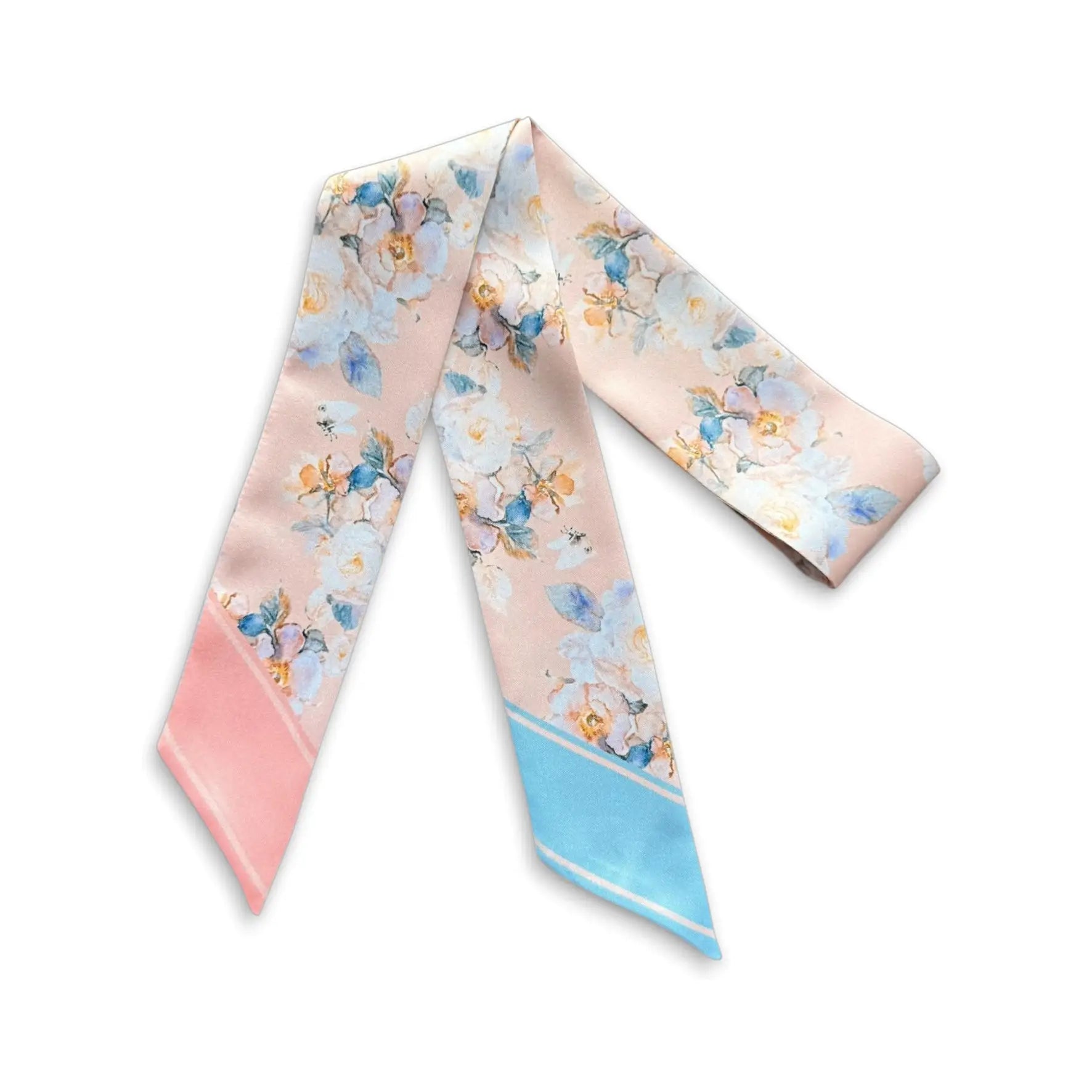 Feminine twilly scarf with gentle botanical flowers in soft pink and light blue hues