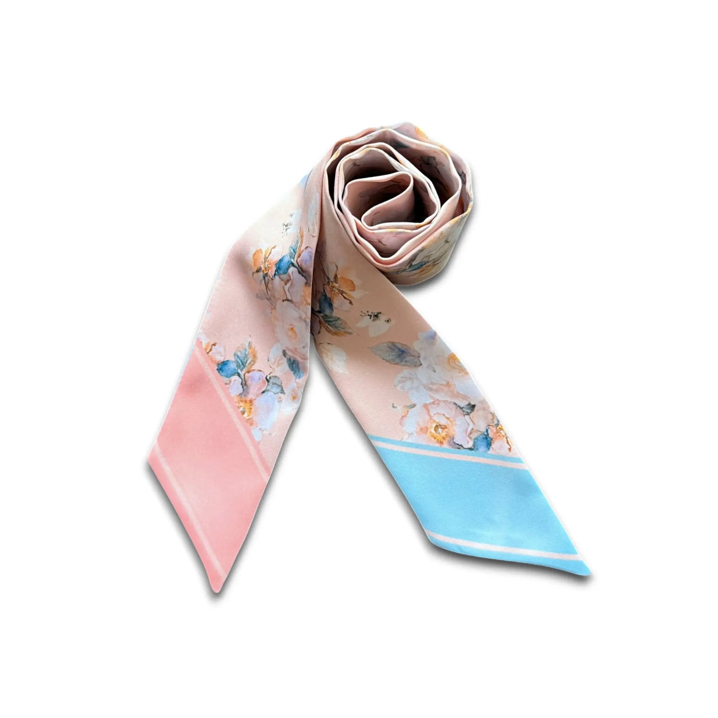 Chic twilly scarf with subtle pastel floral design in blush pink and sky blue tones