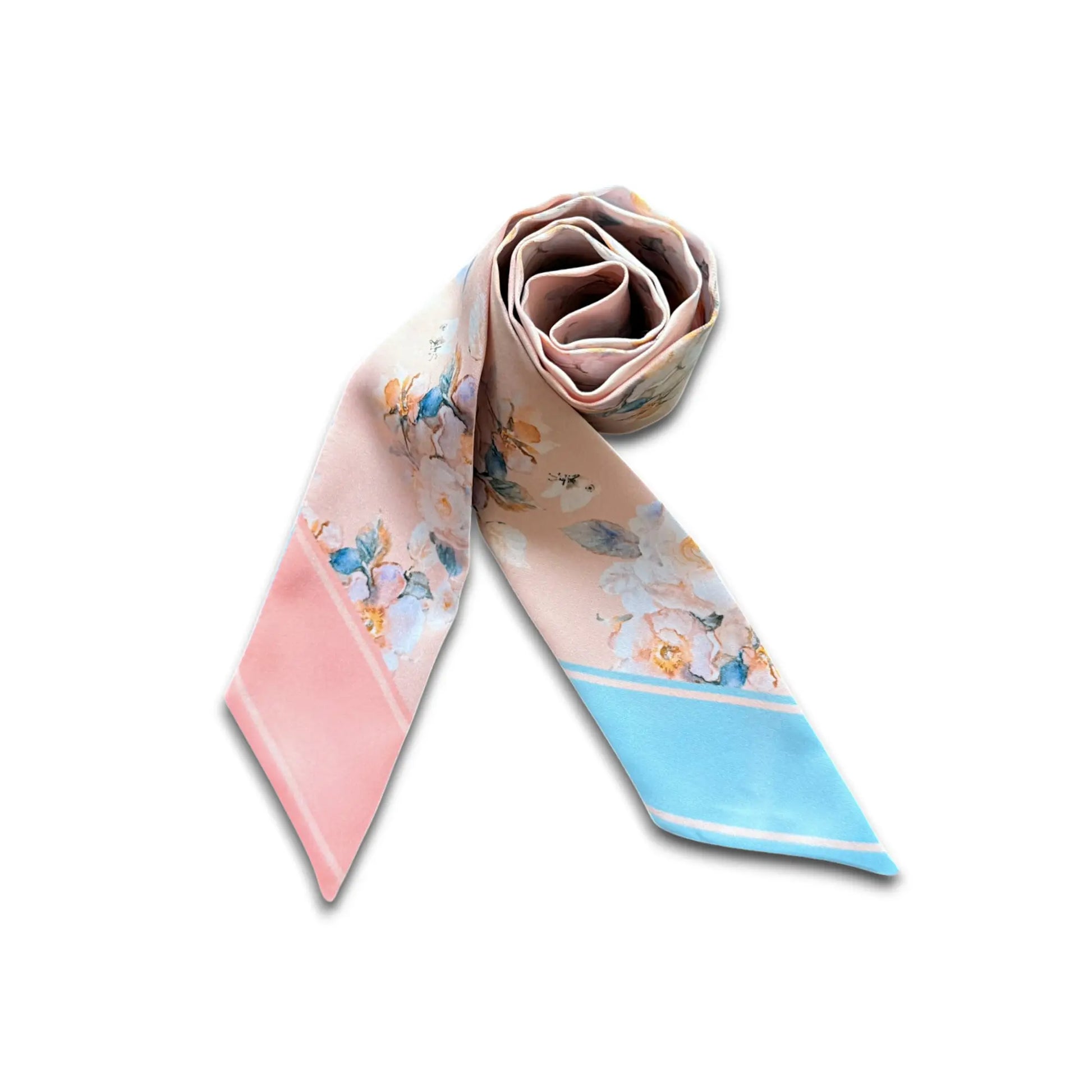 Chic twilly scarf with subtle pastel floral design in blush pink and sky blue tones