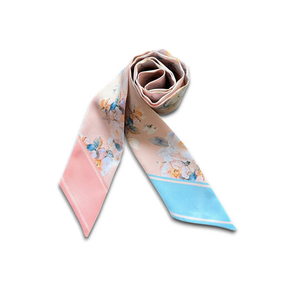 Chic twilly scarf with subtle pastel floral design in blush pink and sky blue tones