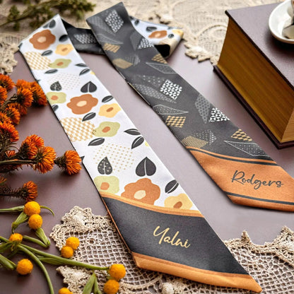 Custom name twilly scarf perfect as a personalized gift, featuring floral and geometric print in earthy colors