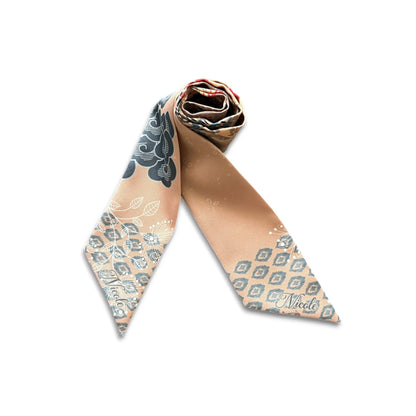 Feminine personalized gift twilly scarf featuring oriental floral print in soft neutral colours