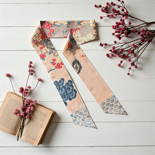 Personalized twilly scarf gift with oriental floral pattern in soft beige tones, elegant and feminine design