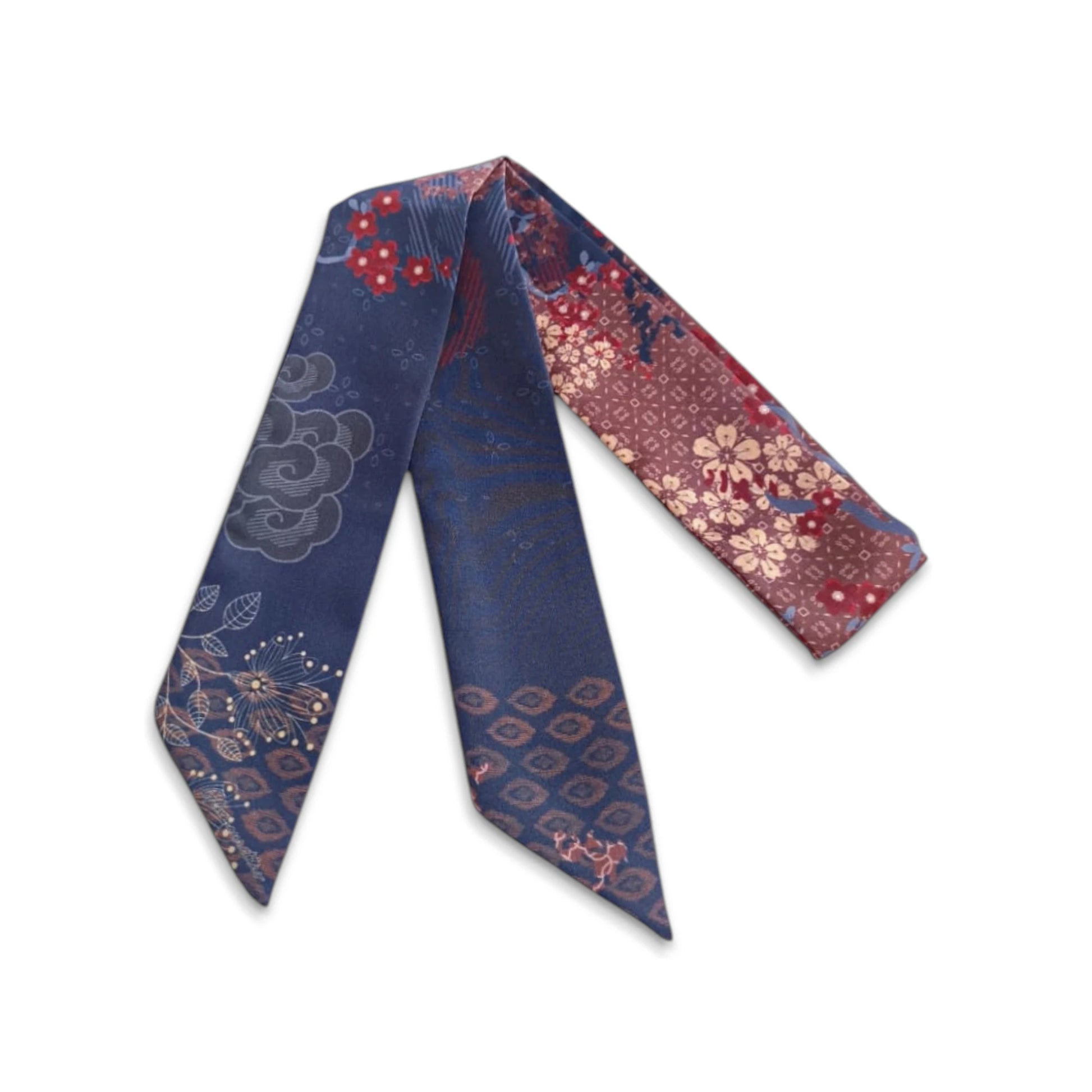 Custom name twilly scarf gift featuring Japanese-inspired floral pattern in blue and red tones