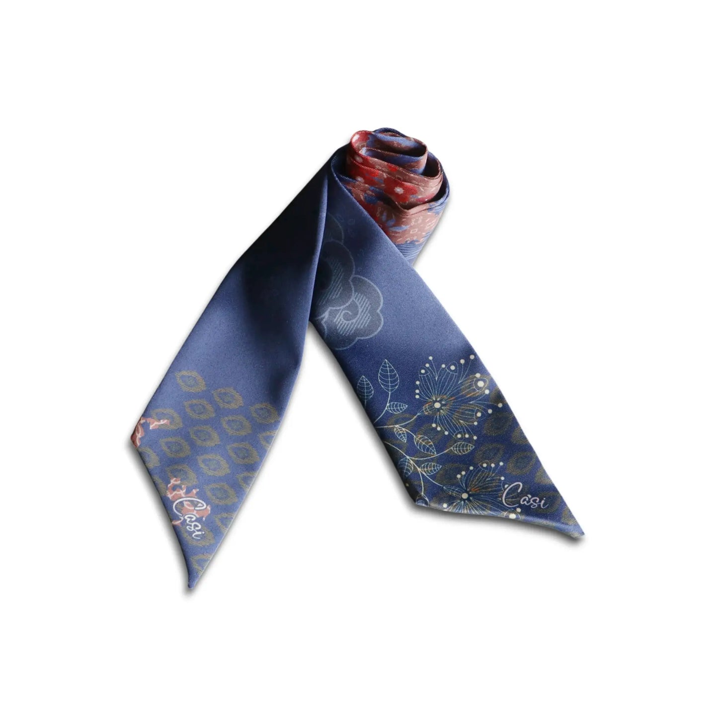 Thoughtful personalized gift twilly scarf with delicate floral design in navy and warm red colours
Video