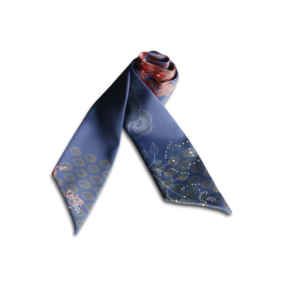 Thoughtful personalized gift twilly scarf with delicate floral design in navy and warm red colours
Video