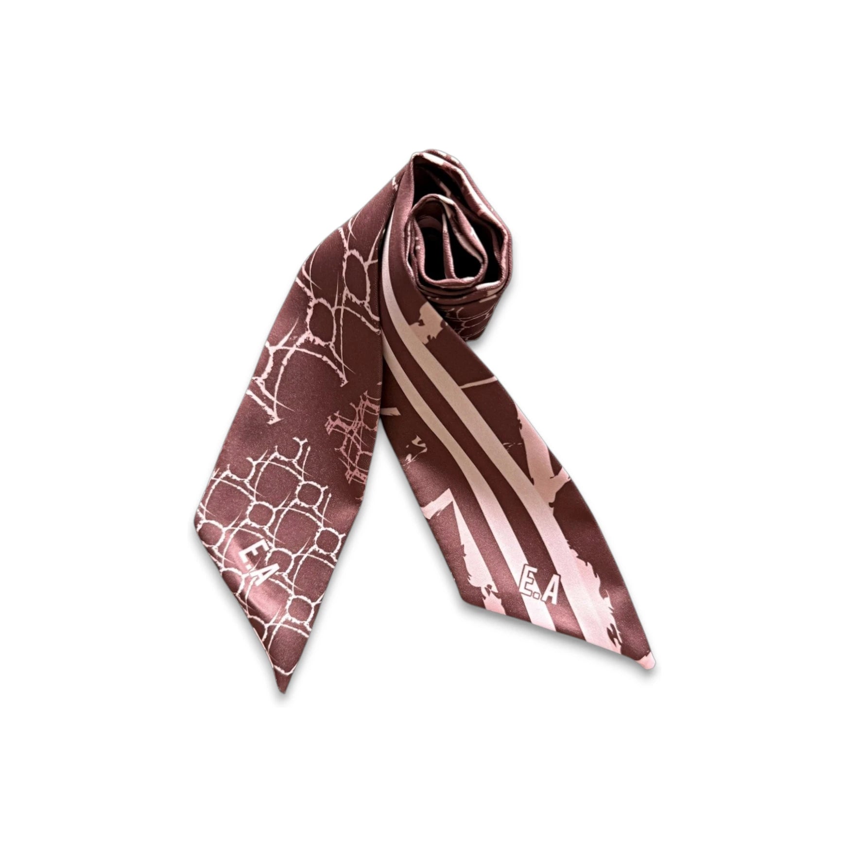 Modern skinny scarf with two-tone maroon and blush pattern combining geometric shapes and stripes