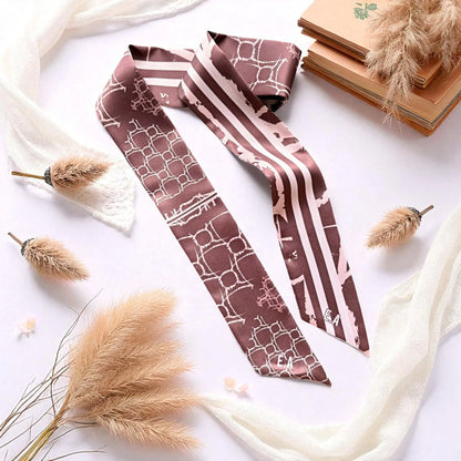 Monochrome-style twilly scarf with maroon brown and blush geometric pattern and stripe design in a modern look