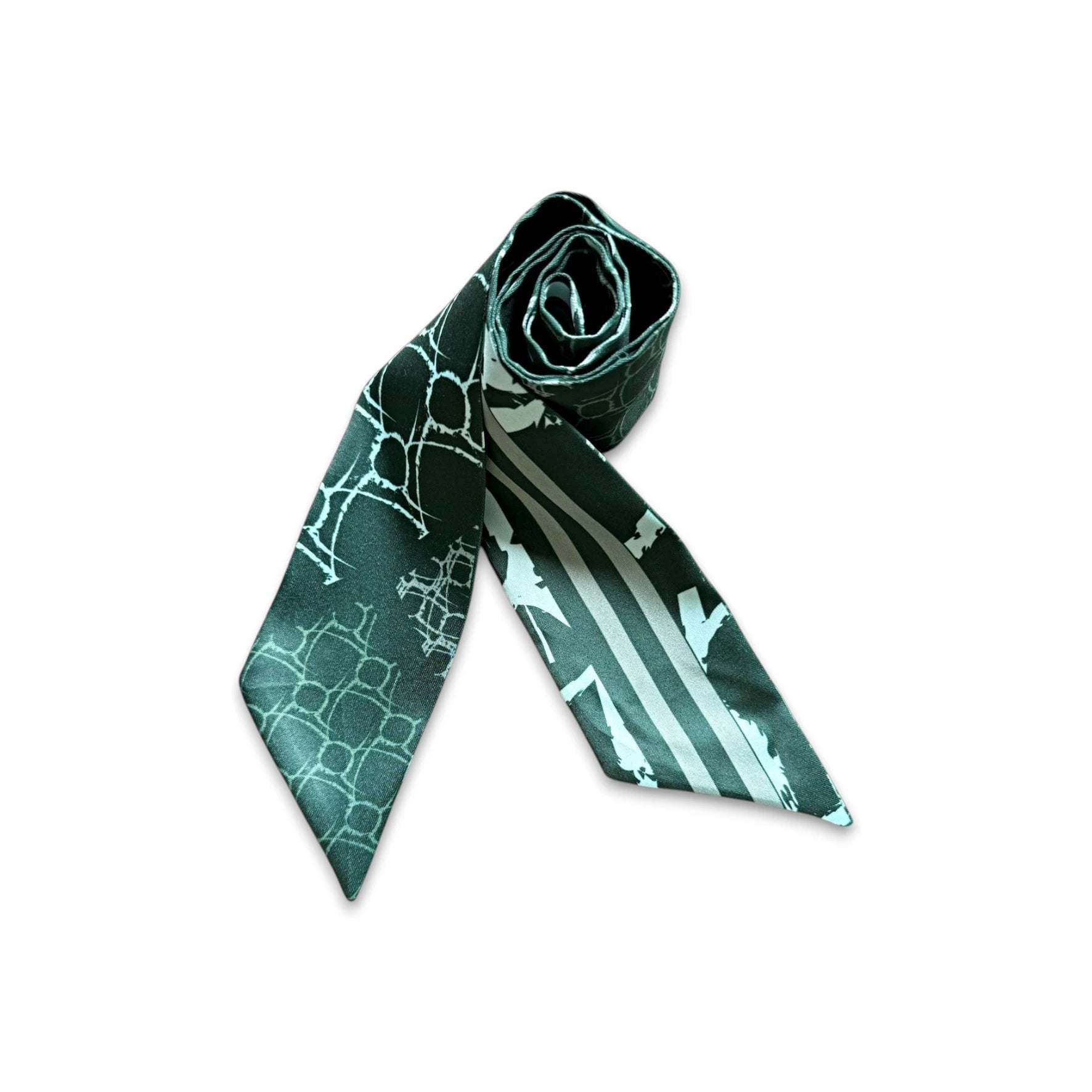 Stylish skinny scarf in forest green with geometric pattern and soft stripe design for a contemporary look
