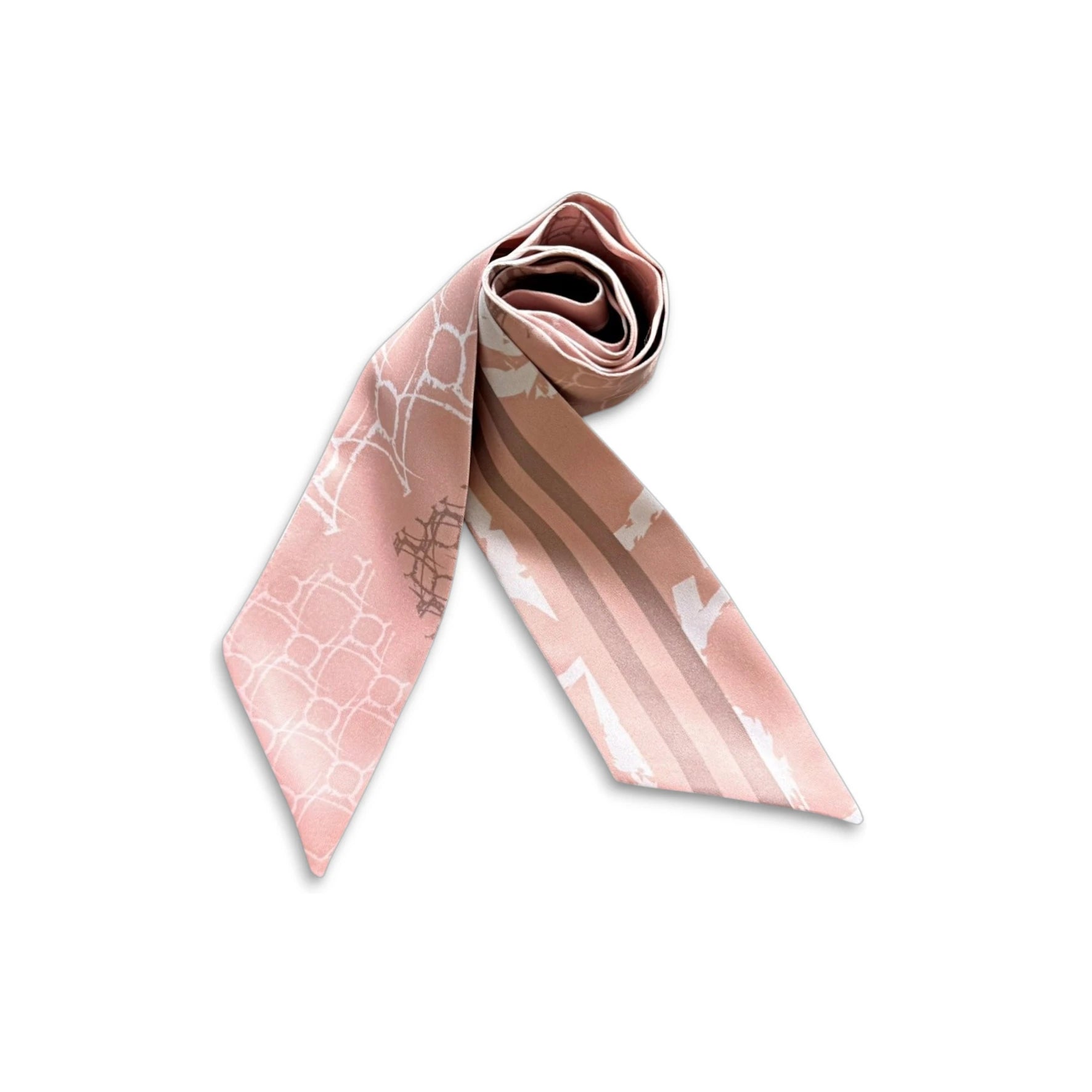Minimalist skinny scarf with blush pink tones combining geometric pattern and subtle stripe design