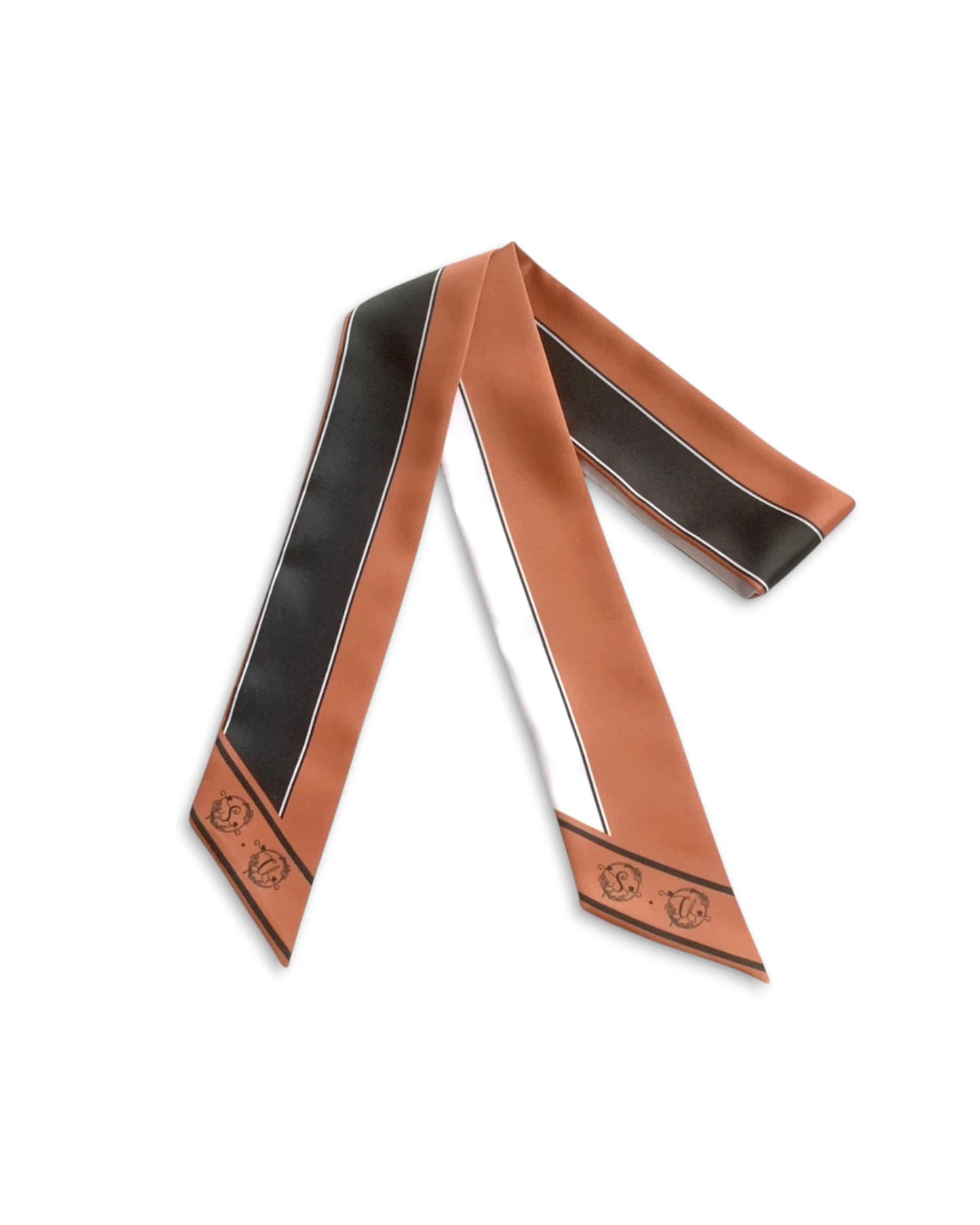 Elegant handbag twilly scarf featuring modern minimalist stripe pattern in brown and black tones