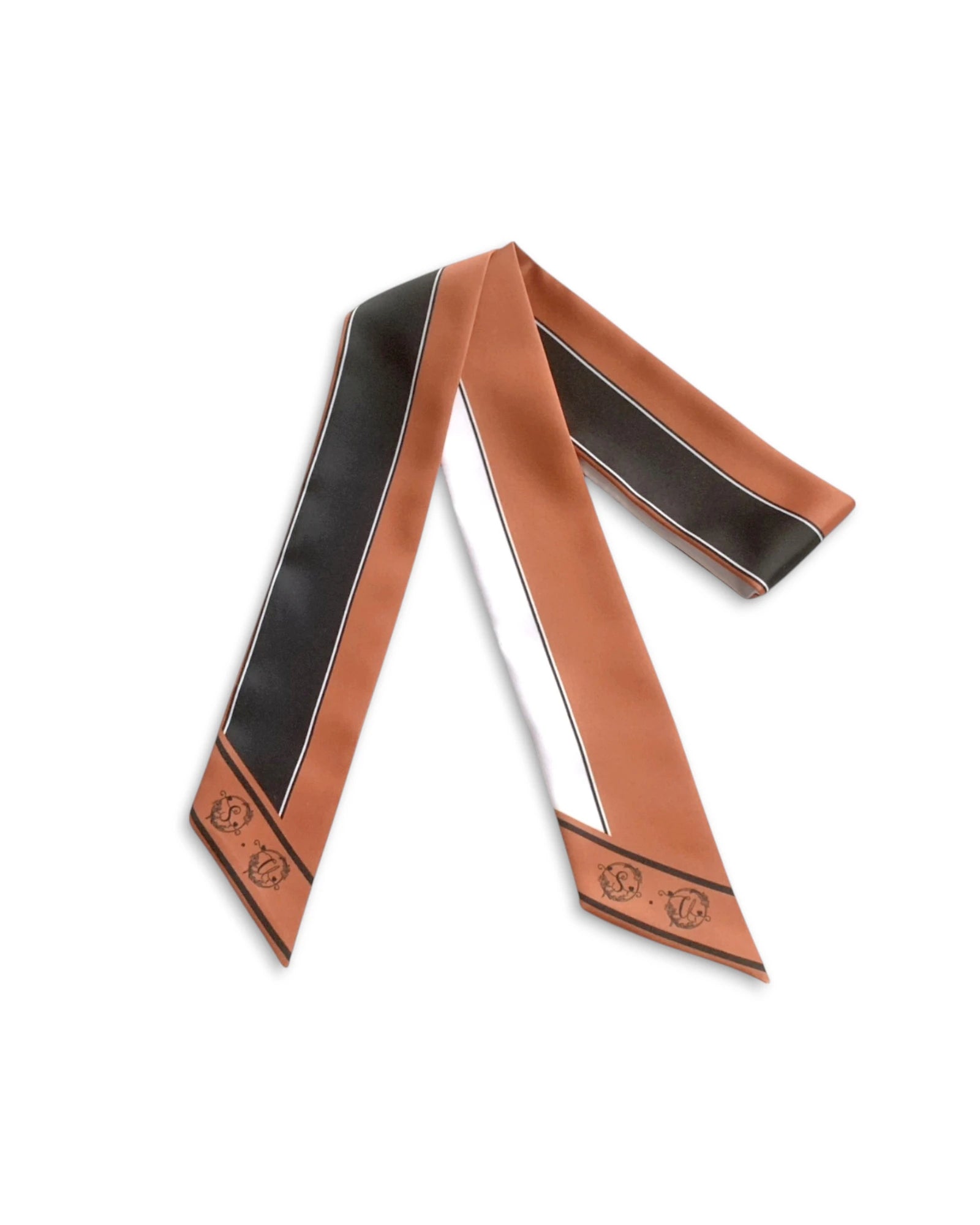 Elegant handbag twilly scarf featuring modern minimalist stripe pattern in brown and black tones