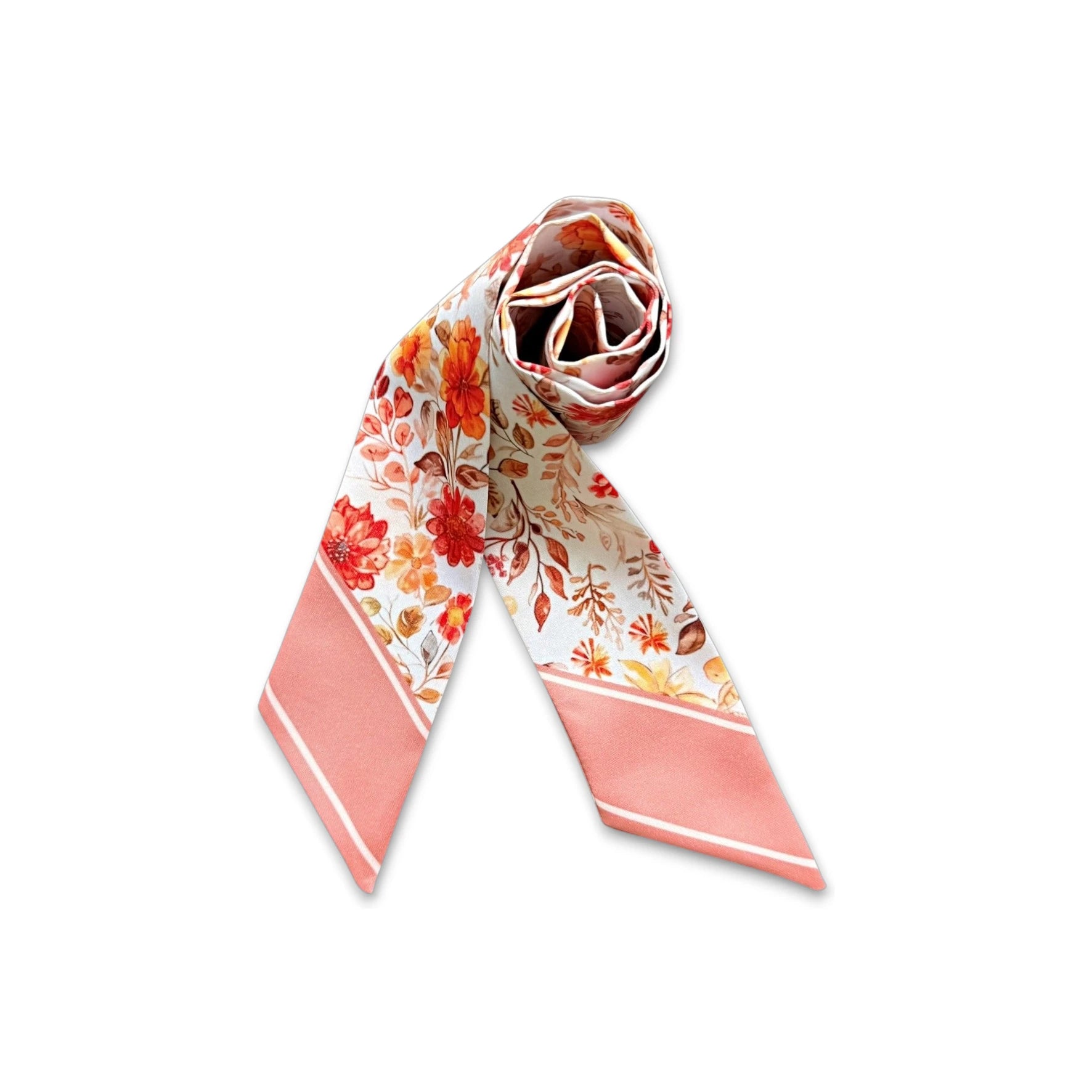 Amber twilly scarf with soft floral pattern in orange and cream tones, elegant skinny scarf for handbag styling