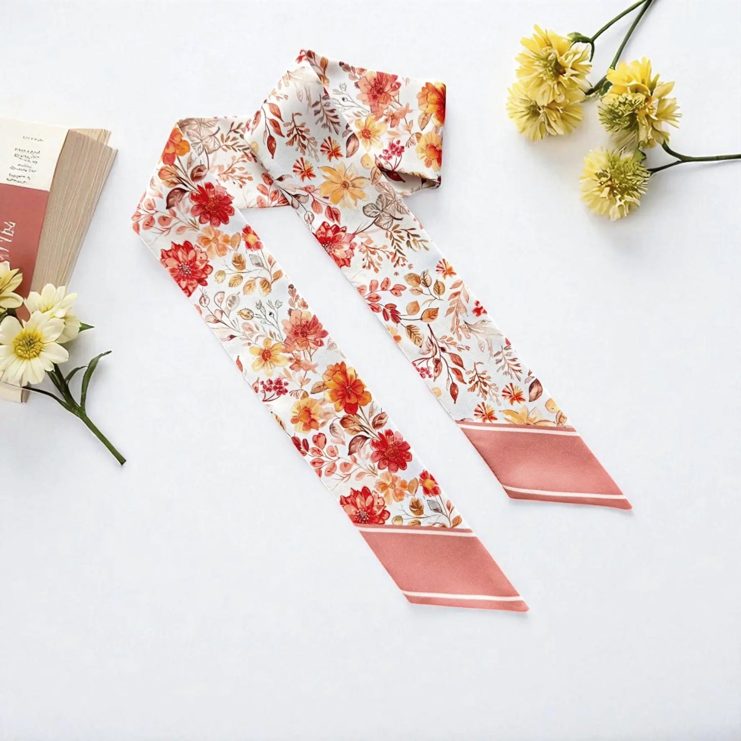 Amber twilly scarf with soft floral pattern in orange and cream tones, elegant skinny scarf for handbag styling