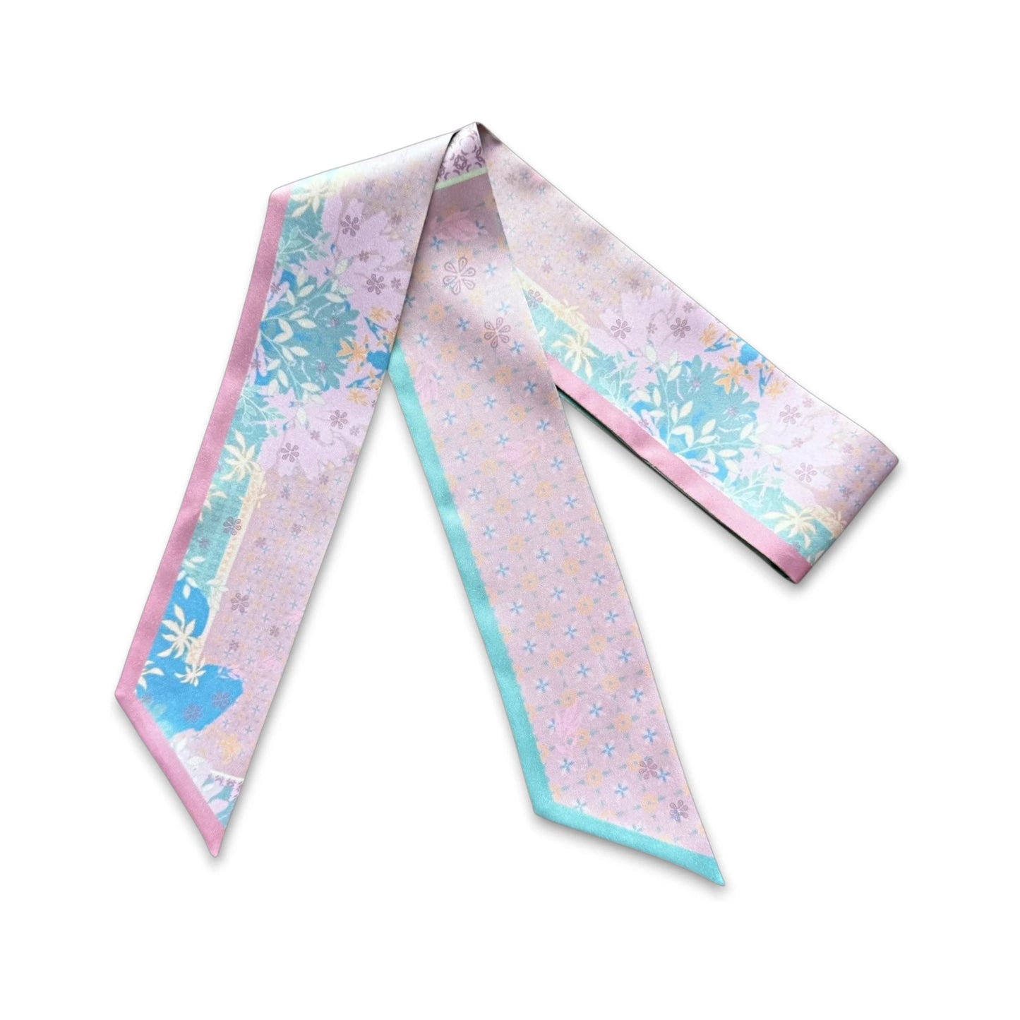Handbag twilly scarf with feminine floral and geometric mix design in soft pastel colors