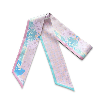 Handbag twilly scarf with feminine floral and geometric mix design in soft pastel colors