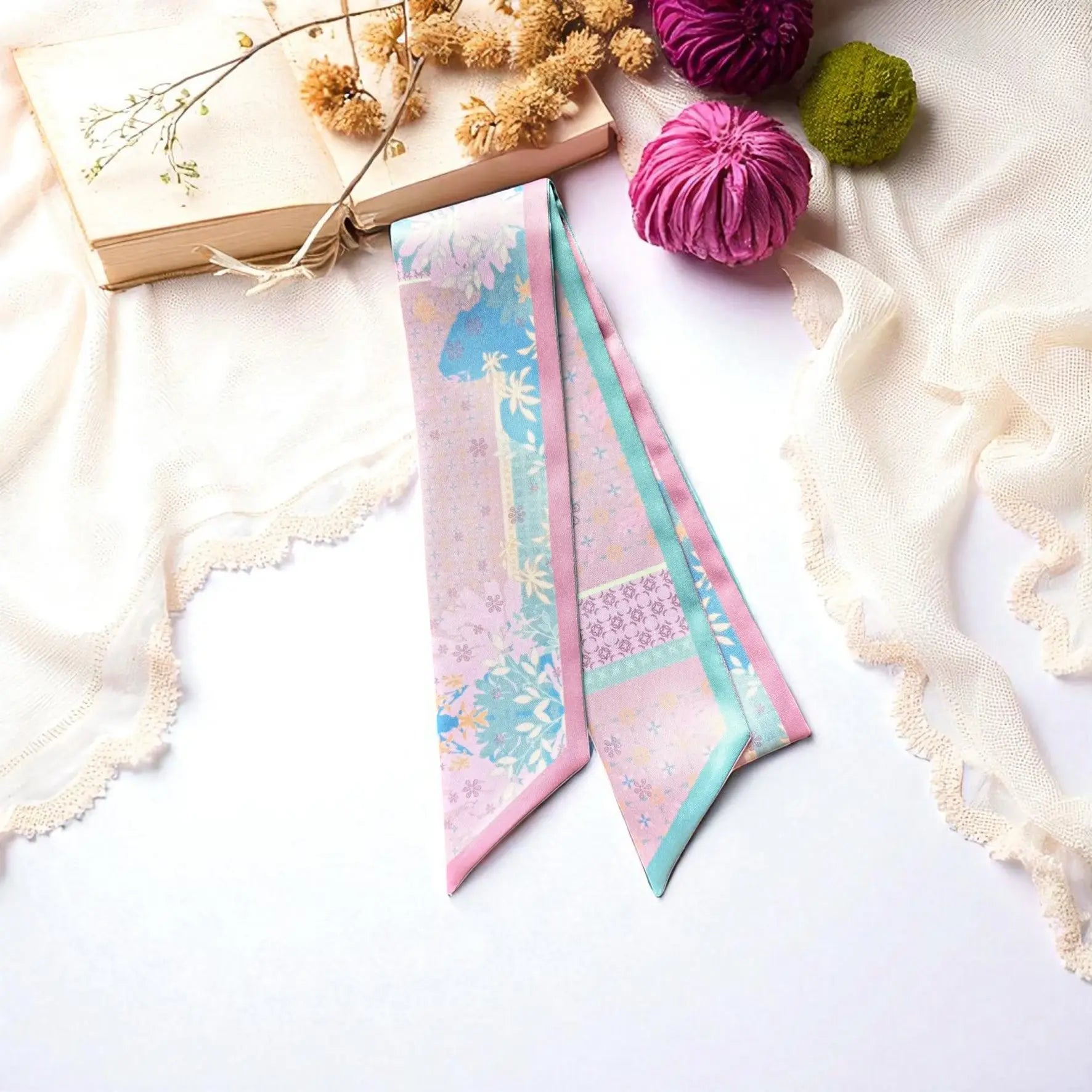 Pastel twilly scarf with soft floral and geometric micro pattern in pink and tosca tones