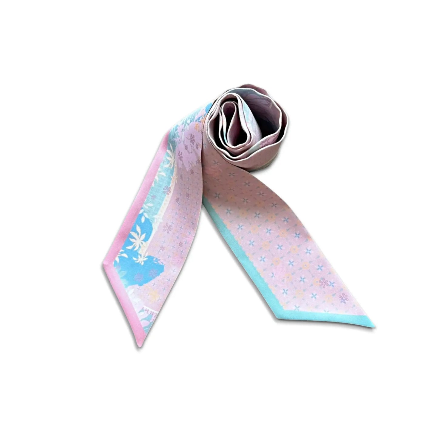 Amethyst twilly scarf in soft pastel tones with delicate floral and geometric pattern, elegant skinny scarf for handbag styling