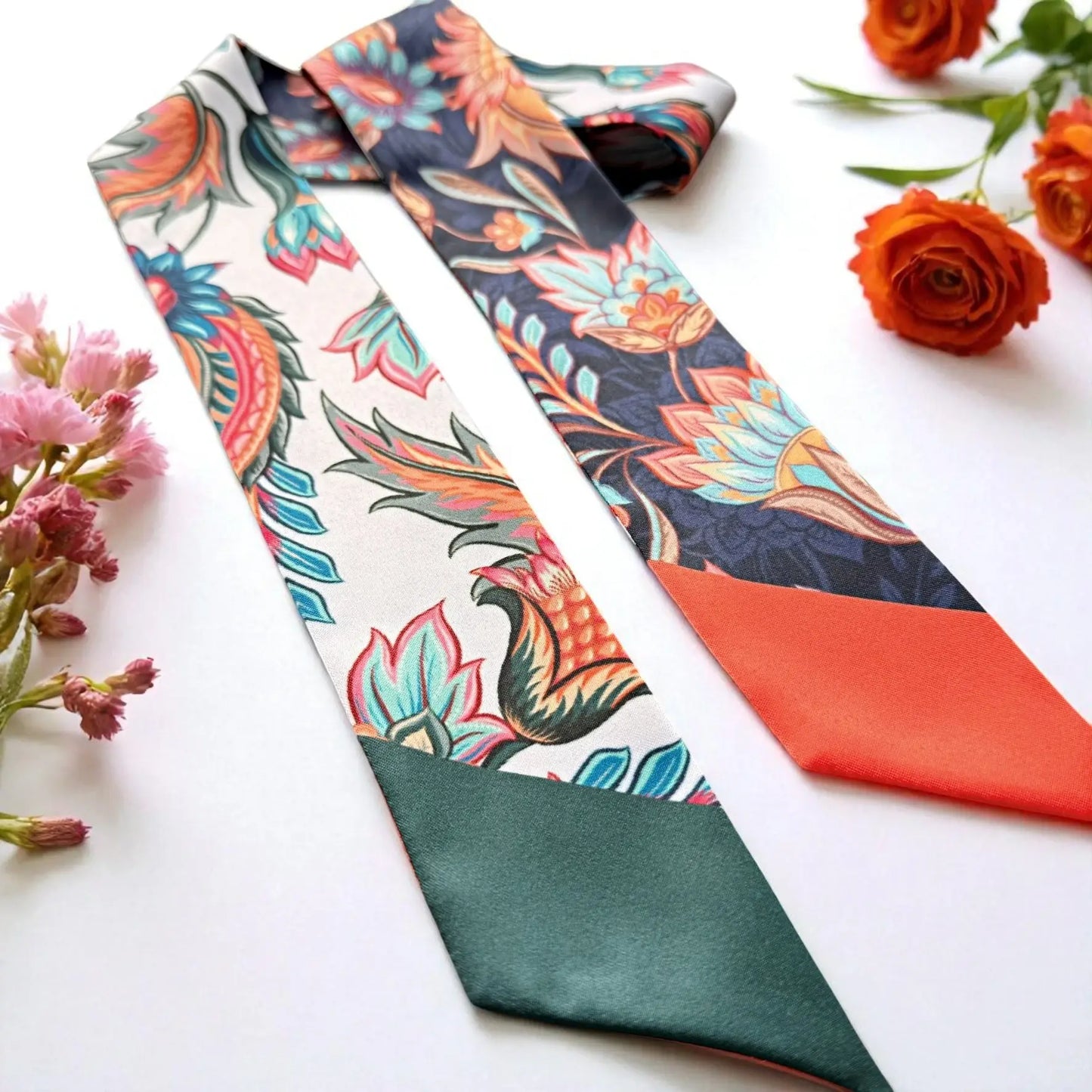 Tropical floral twilly scarf with bold multicolor pattern for stylish handbag accessory