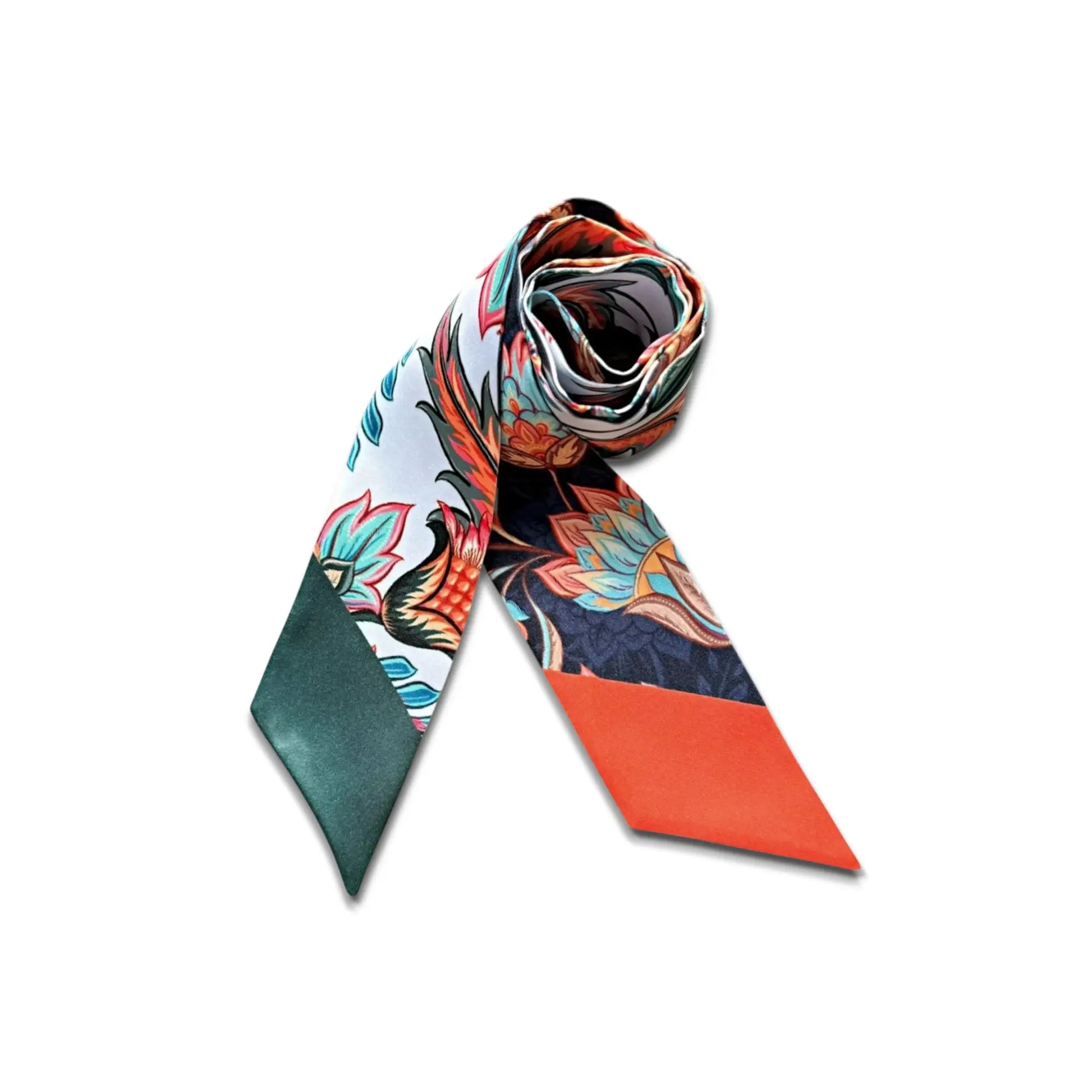Elegant handbag scarf with tropical floral print in rich orange and green palette