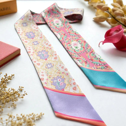 Vintage baroque twilly scarf with ornate ornamental floral pattern in pastel multicolour palette
