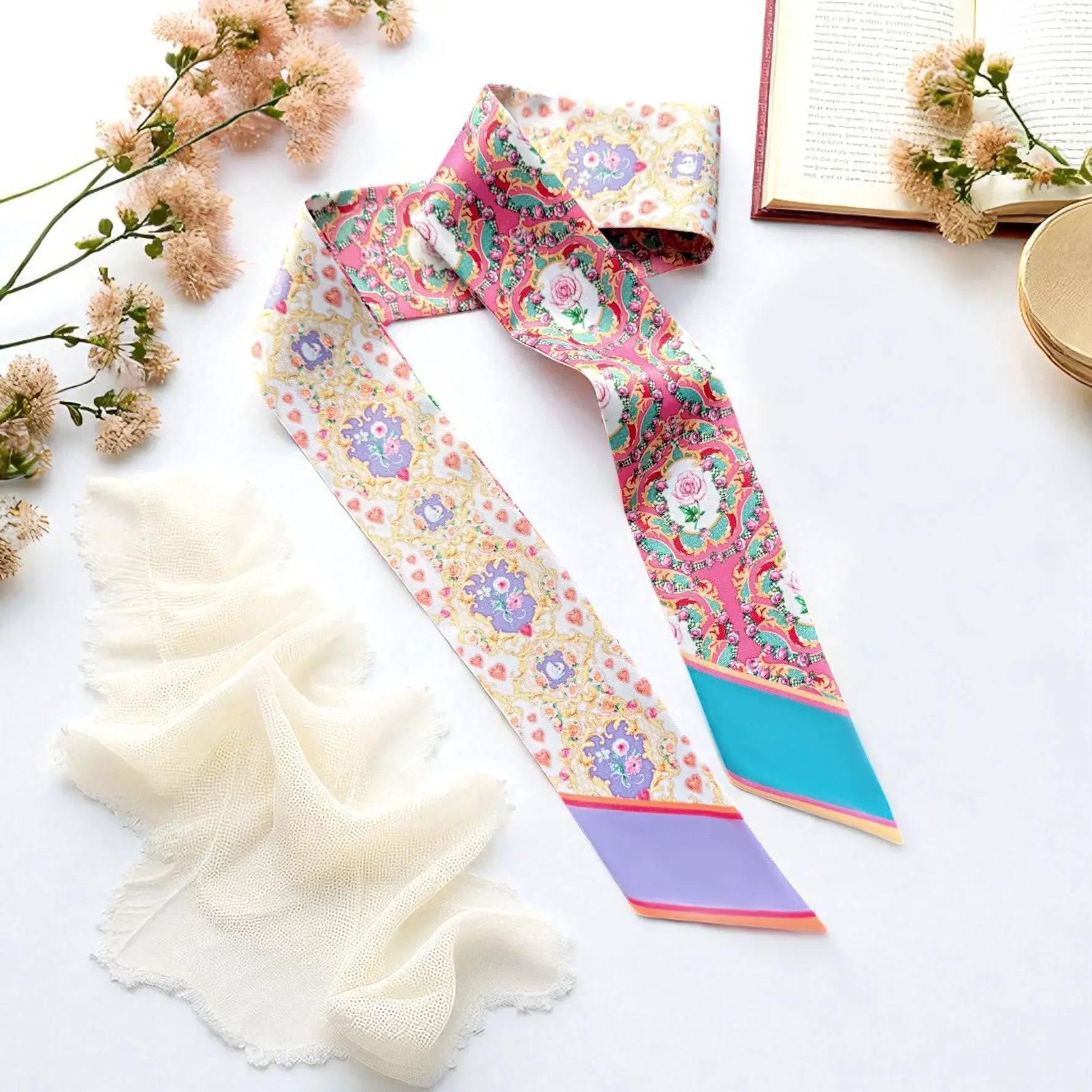 Antoinette twilly scarf with baroque ornamental floral pattern in pink, gold and pastel tones, elegant skinny scarf for handbag styling