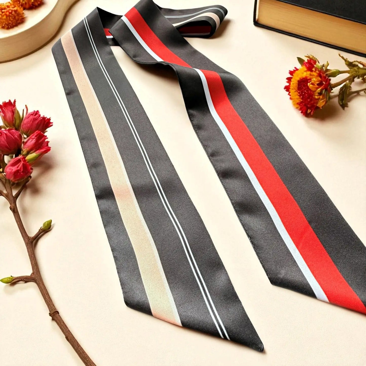 Minimalist black skinny scarf with contrasting red and white stripe pattern.