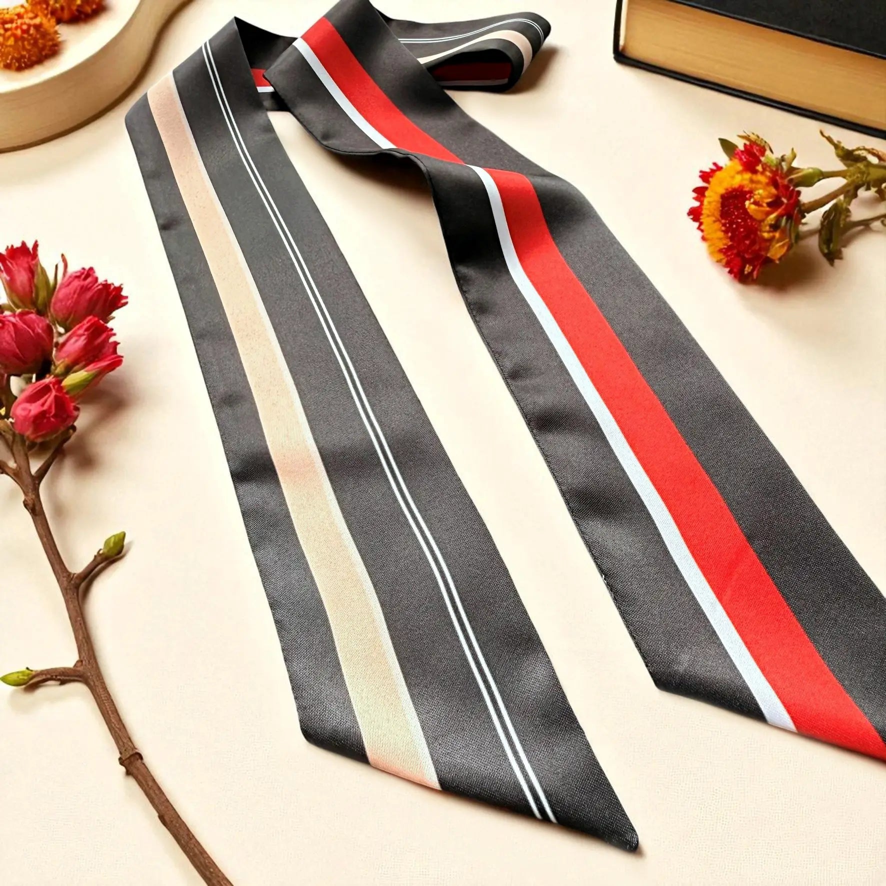 Minimalist black skinny scarf with contrasting red and white stripe pattern.