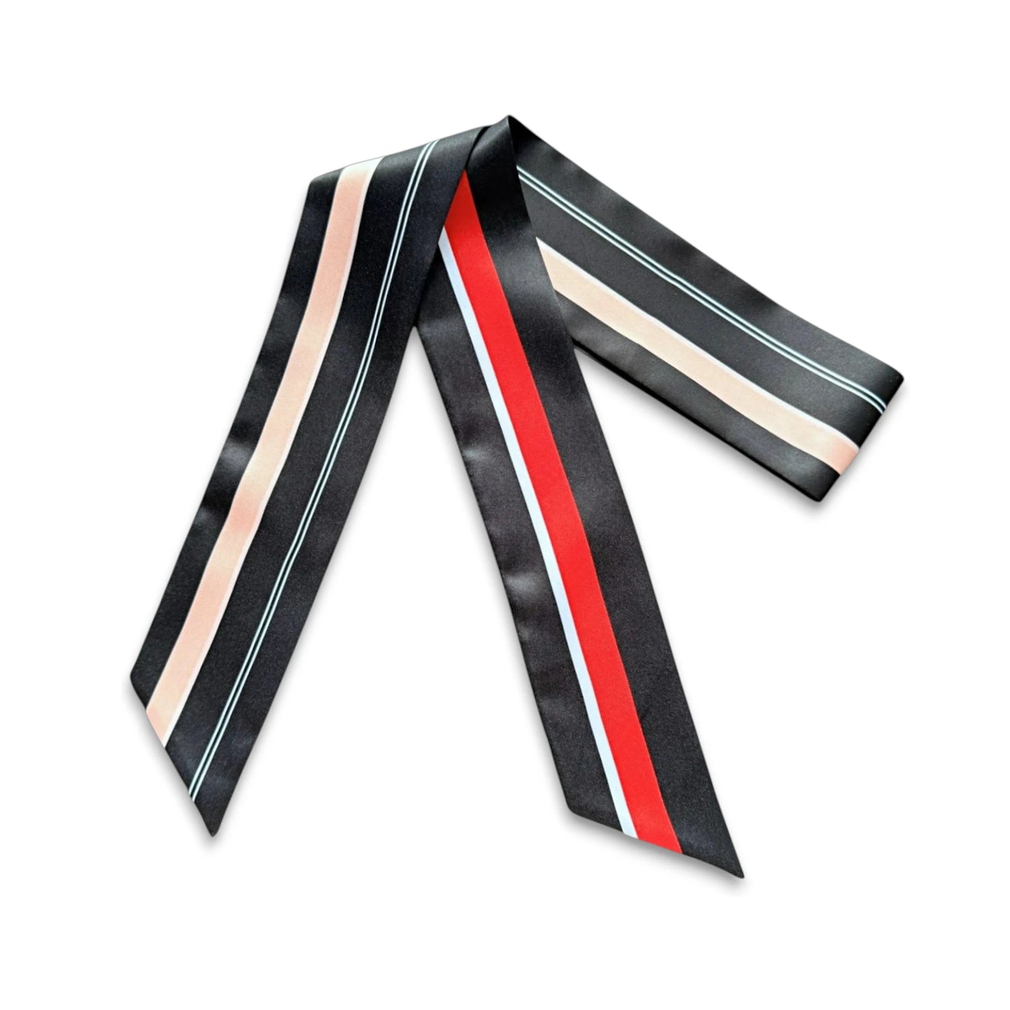 Luxury black twilly scarf with sleek striped details in red, white, and blush tones.