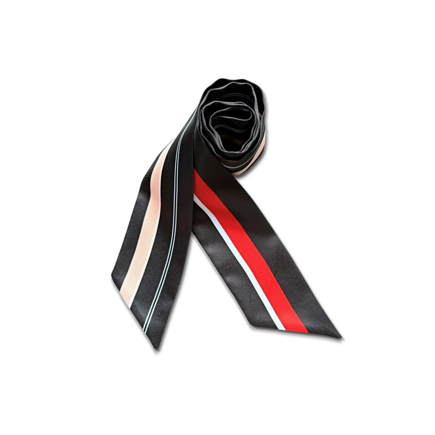 Black skinny scarf with bold red, white, and blush pink stripe accents in elegant satin finish.