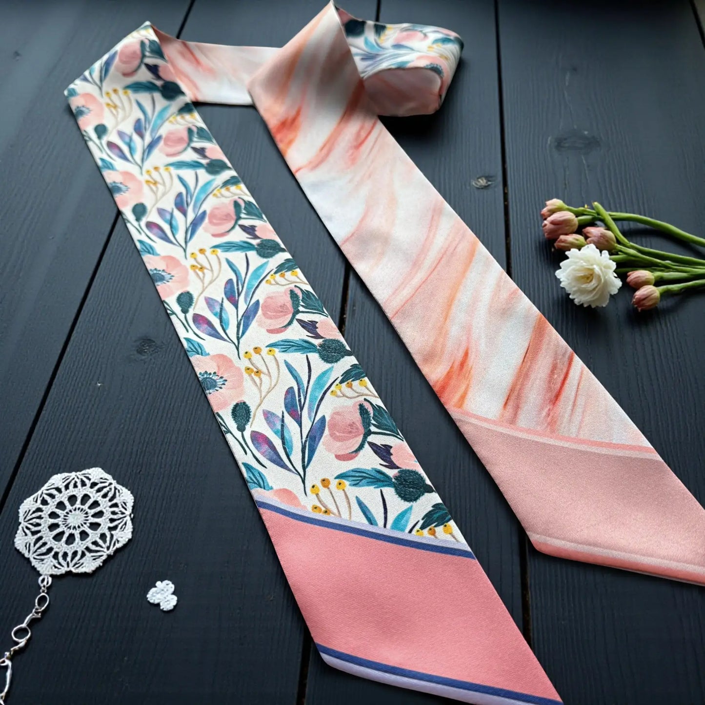Handmade satin twilly scarf featuring ornamental floral details and blush marble accents.