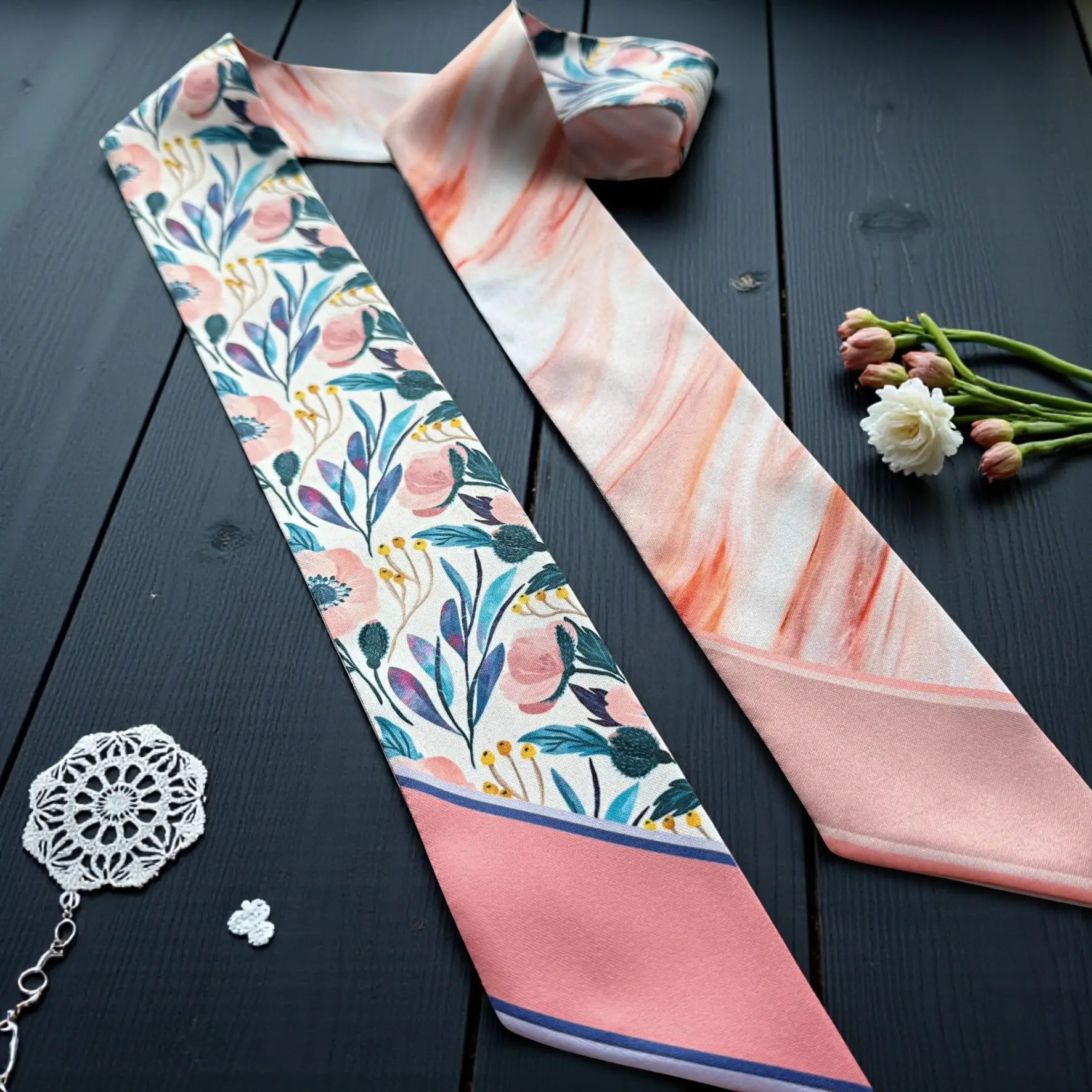 Handmade satin twilly scarf featuring ornamental floral details and blush marble accents.