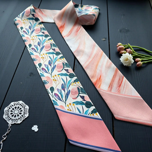 Handmade satin twilly scarf featuring ornamental floral details and blush marble accents.