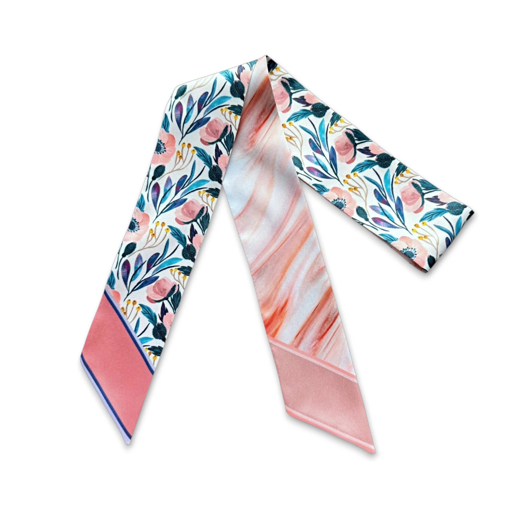 Luxury skinny scarf in satin finish showcasing a refined ornamental floral motif with peach and blush accents on both sides.
