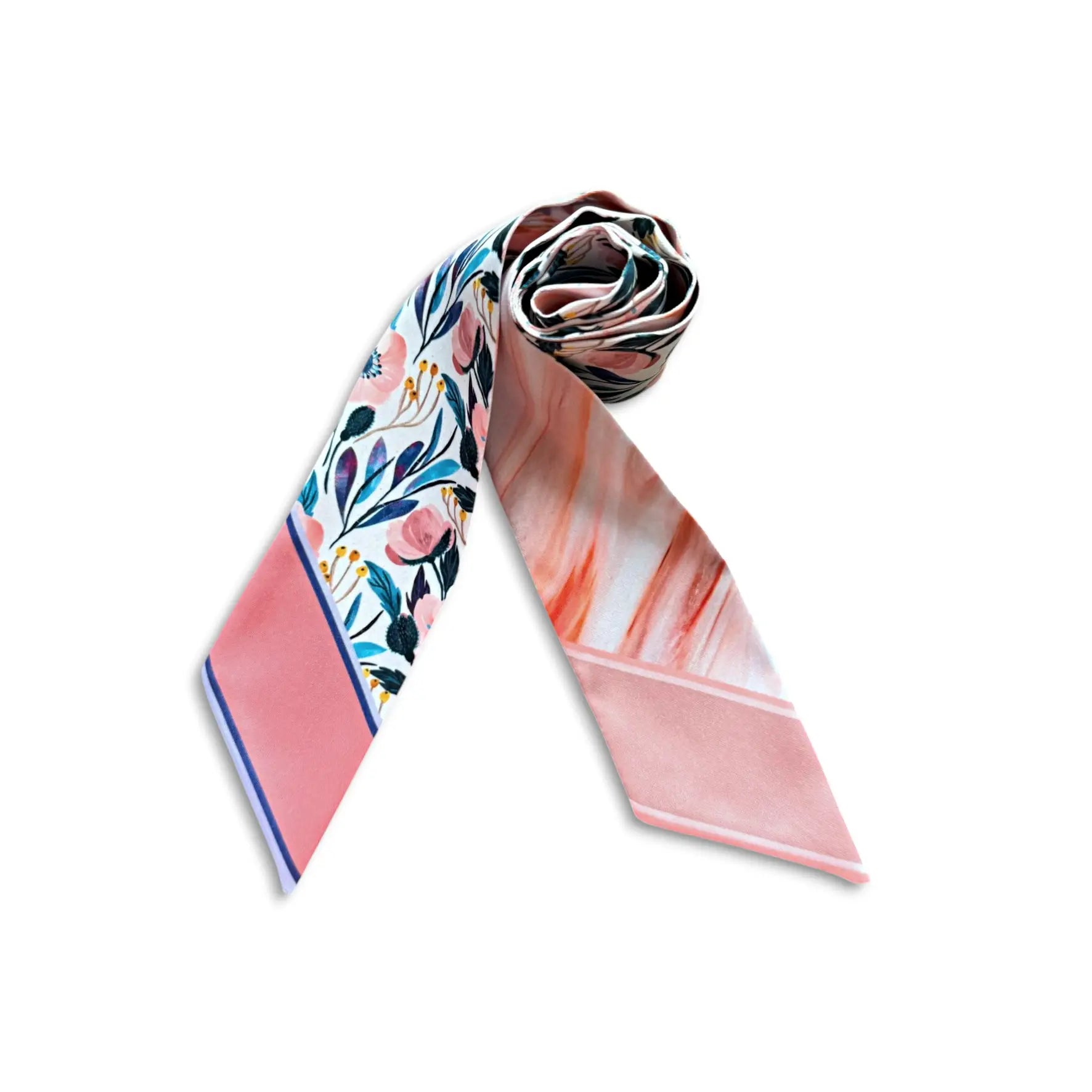Double-sided personalized skinny scarf with graceful floral illustration and soft marbled pink design.